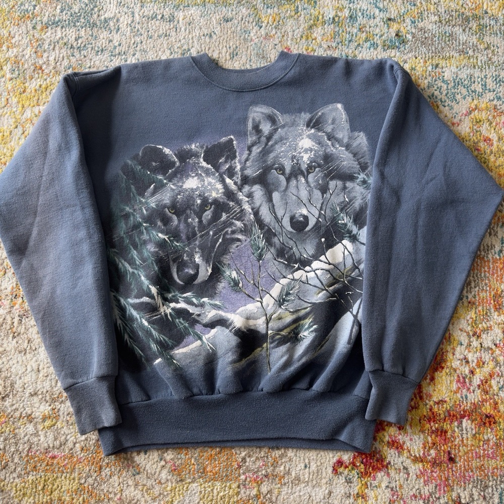 Vintage 90s Wolf All Over Print Front Back Nature Sweatshirt Crewneck‎ Size L